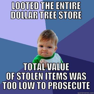 LOOTED THE ENTIRE DOLLAR TREE STORE TOTAL VALUE OF STOLEN ITEMS WAS TOO LOW TO PROSECUTE Success Kid