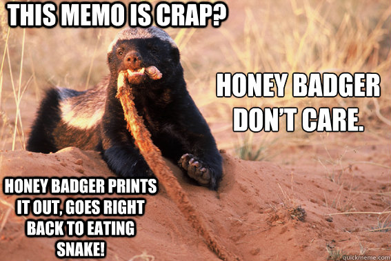 This memo is crap? Honey Badger don’t care. Honey badger prints it out, goes right back to eating snake!  Honey Badger Dont Care