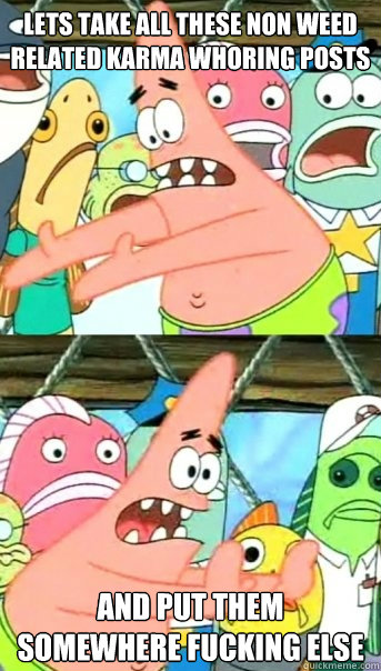 Lets take all these non weed related karma whoring posts    and put them somewhere fucking else  - Lets take all these non weed related karma whoring posts    and put them somewhere fucking else   Push it somewhere else Patrick