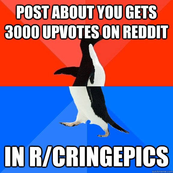 Post about you gets 3000 upvotes on reddit in r/cringepics  Socially Awesome Awkward Penguin