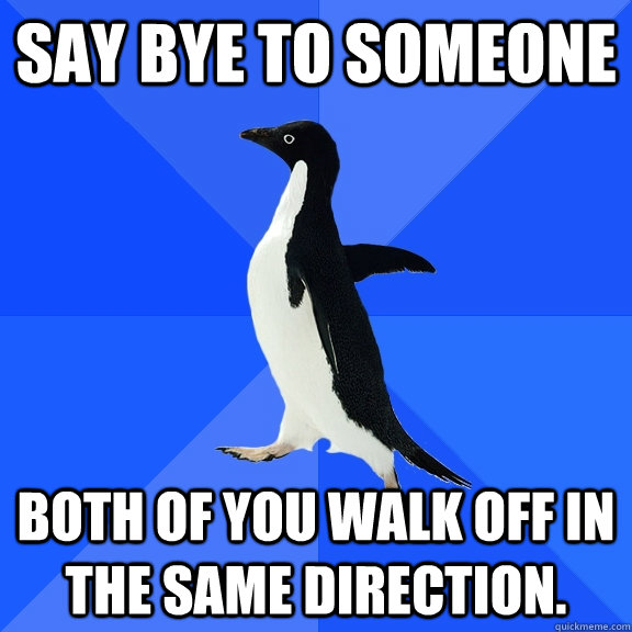 say bye to someone both of you walk off in the same direction.  Socially Awkward Penguin