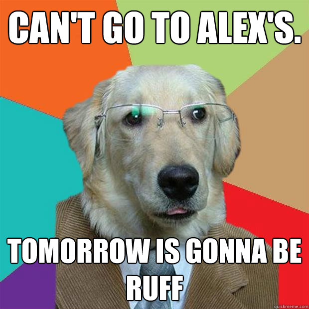 Can't go to Alex's. tomorrow is gonna be ruff  Business Dog