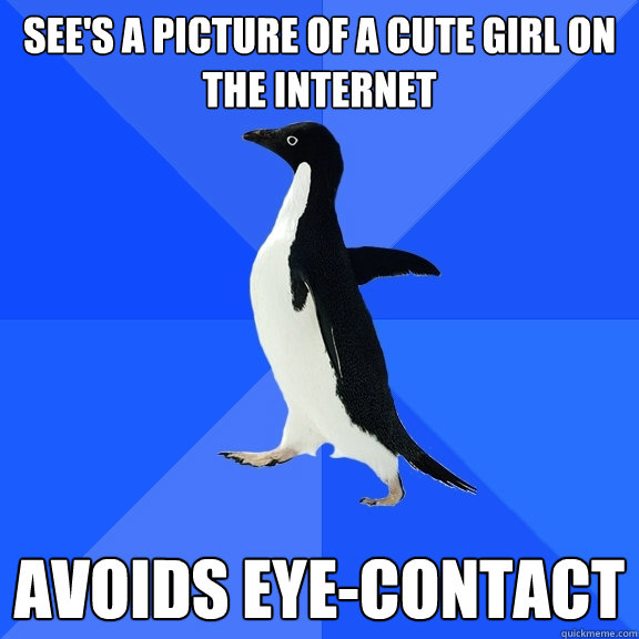 See's a picture of a cute girl on the internet Avoids eye-contact  Socially Awkward Penguin