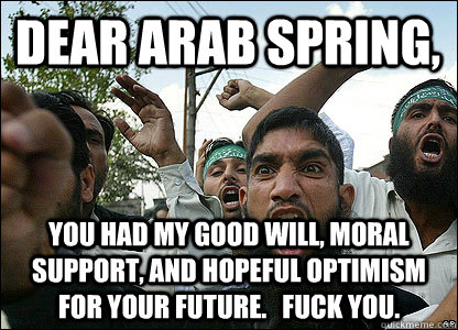 Dear Arab Spring, You had my good will, moral support, and hopeful optimism for your future.   Fuck you.  