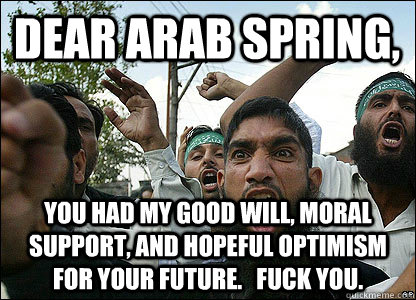 Dear Arab Spring, You had my good will, moral support, and hopeful optimism for your future.   Fuck you. - Dear Arab Spring, You had my good will, moral support, and hopeful optimism for your future.   Fuck you.  Scumbag Muslims