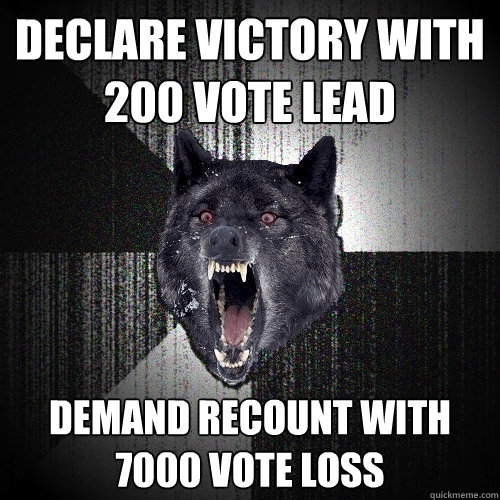 Declare Victory with 200 vote lead demand recount with 7000 vote loss  Insanity Wolf