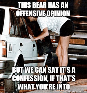 This bear has an offensive opinion but we can say it's a confession, if that's what you're into  Karma Whore