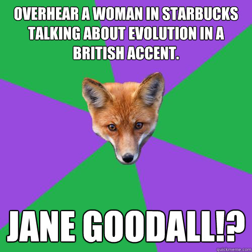Overhear a woman in Starbucks talking about evolution in a British accent. JANE GOODALL!?  Anthropology Major Fox