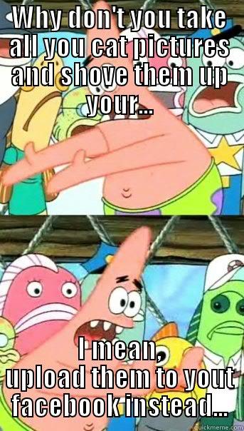 WHY DON'T YOU TAKE ALL YOU CAT PICTURES AND SHOVE THEM UP YOUR... I MEAN, UPLOAD THEM TO YOUT FACEBOOK INSTEAD... Push it somewhere else Patrick