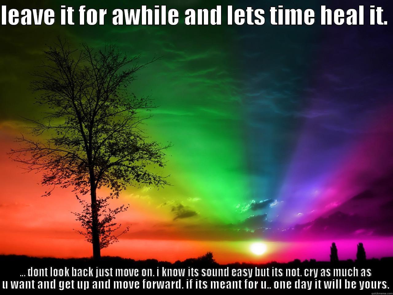 LEAVE IT FOR AWHILE AND LETS TIME HEAL IT.  ... DONT LOOK BACK JUST MOVE ON. I KNOW ITS SOUND EASY BUT ITS NOT. CRY AS MUCH AS U WANT AND GET UP AND MOVE FORWARD. IF ITS MEANT FOR U.. ONE DAY IT WILL BE YOURS. Misc