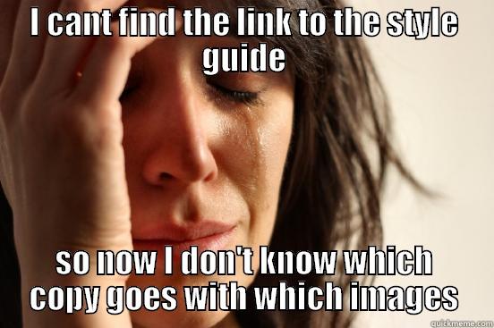 I CANT FIND THE LINK TO THE STYLE GUIDE SO NOW I DON'T KNOW WHICH COPY GOES WITH WHICH IMAGES First World Problems