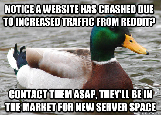 Notice a website has crashed due to increased traffic from Reddit? Contact them asap, they'll be in the market for new server space  Actual Advice Mallard