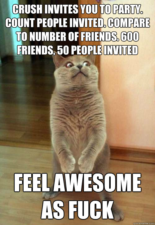 Crush invites you to party. Count people invited. Compare to number of friends. 600 friends, 50 people invited Feel awesome as fuck  Horrorcat