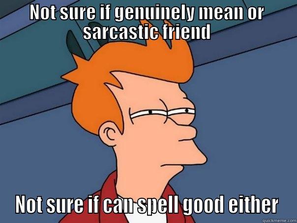NOT SURE IF GENUINELY MEAN OR SARCASTIC FRIEND NOT SURE IF CAN SPELL GOOD EITHER Futurama Fry