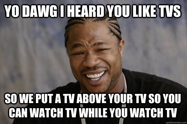 yo dawg I heard you like TVs so we put a tv above your tv so you can watch tv while you watch tv  Xzibit meme