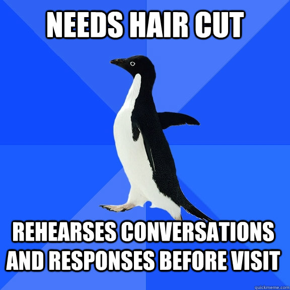 nEEDS HAIR CUT REHEARSES CONVERSATIONS  AND RESPONSES BEFORE VISIT  Socially Awkward Penguin