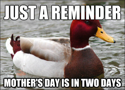 Just a Reminder
 Mother's day is in two days  Malicious Advice Mallard