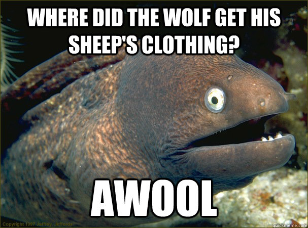 Where did the wolf get his sheep's clothing? Awool - Where did the wolf get his sheep's clothing? Awool  Bad Joke Eel