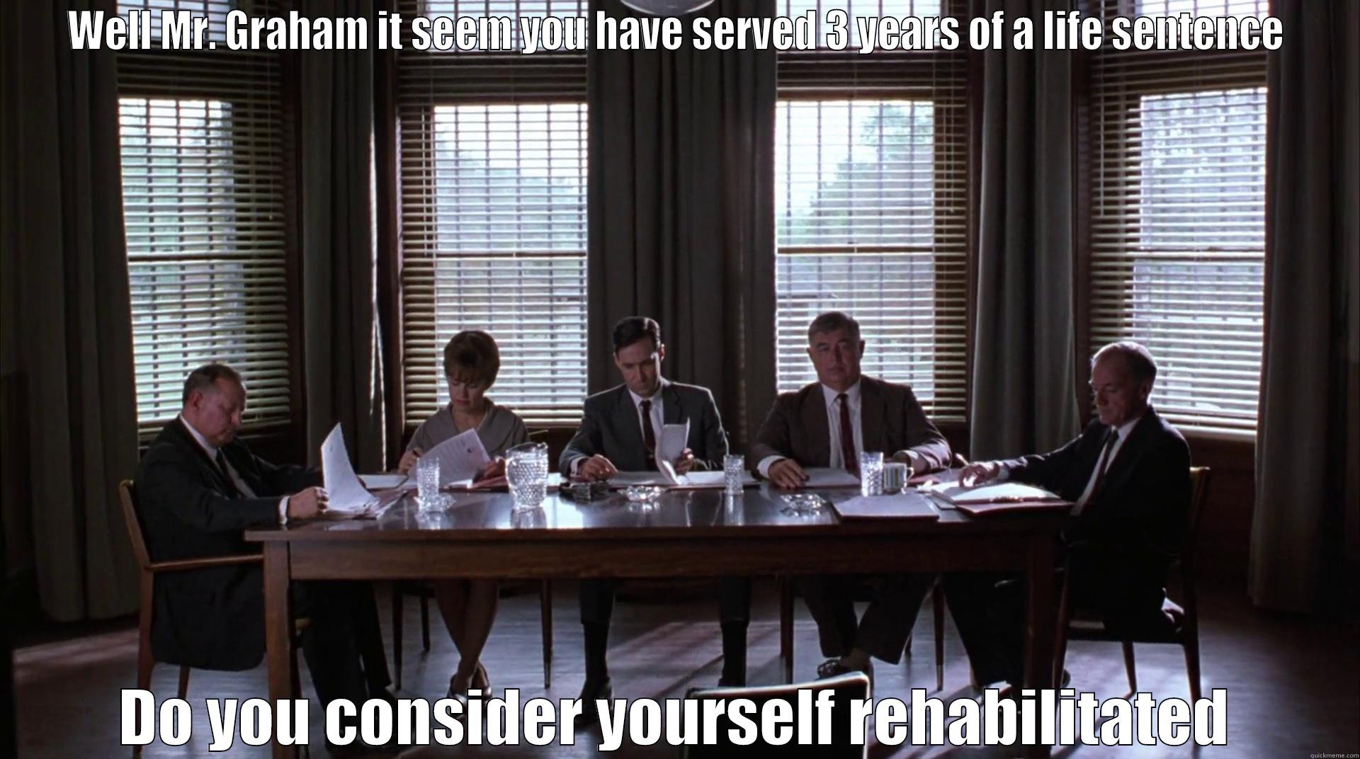 WELL MR. GRAHAM IT SEEM YOU HAVE SERVED 3 YEARS OF A LIFE SENTENCE DO YOU CONSIDER YOURSELF REHABILITATED Misc