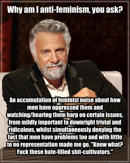 Why am I anti-feminism, you ask? An accumulation of feminist noise about how men have oppressed them and watching/hearing them harp on certain issues, from mildly important to downright trivial and ridiculous, whilst simultaneously denying the fact that m - Why am I anti-feminism, you ask? An accumulation of feminist noise about how men have oppressed them and watching/hearing them harp on certain issues, from mildly important to downright trivial and ridiculous, whilst simultaneously denying the fact that m  Beerless Most Interesting Man in the World