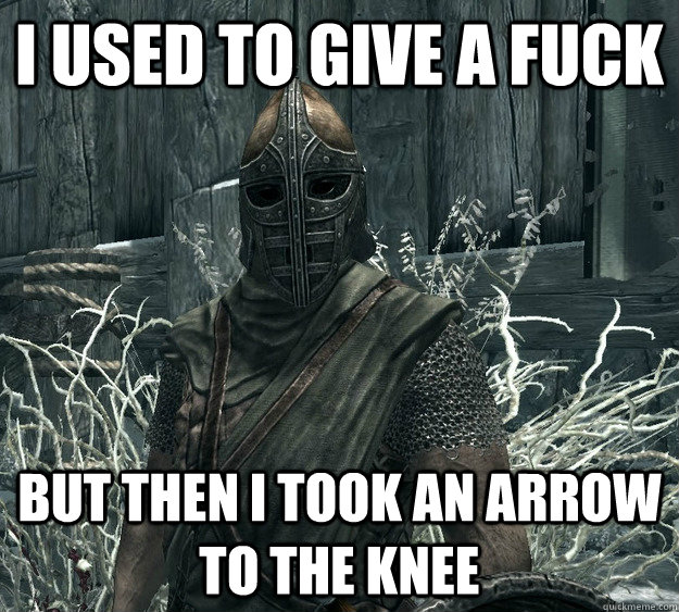 I used to give a fuck but then I took an arrow to the knee  Skyrim Guard