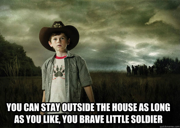  you can stay outside the house as long as you like, you brave little soldier -  you can stay outside the house as long as you like, you brave little soldier  Carl Grimes Walking Dead