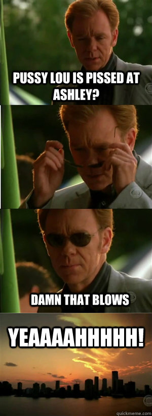 Pussy lou is pissed at ashley?  damn that blows YEAAAAHHHHH!  CSI Miami Style