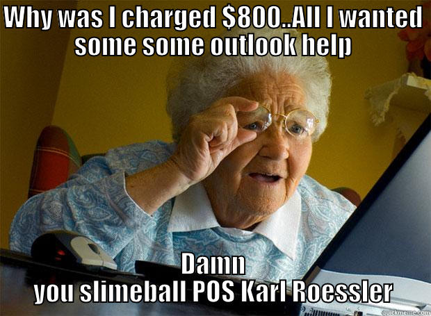 WHY WAS I CHARGED $800..ALL I WANTED SOME SOME OUTLOOK HELP DAMN YOU SLIMEBALL POS KARL ROESSLER Grandma finds the Internet