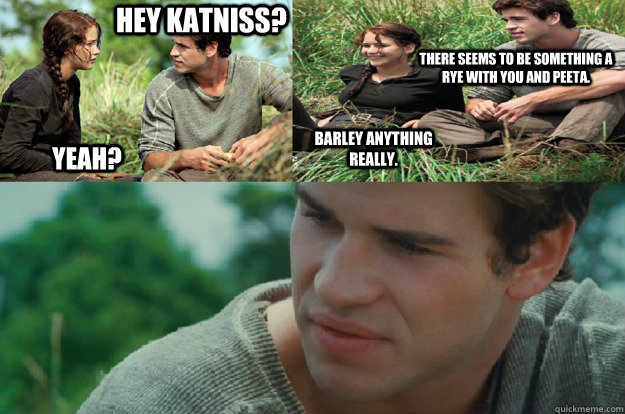 Hey Katniss? Yeah? Barley anything really. There seems to be something a rye with you and Peeta.  Hunger Games Love Triangle