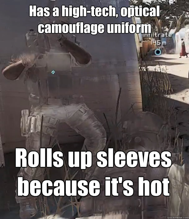 Has a high-tech, optical camouflage uniform Rolls up sleeves because it's hot - Has a high-tech, optical camouflage uniform Rolls up sleeves because it's hot  Misc