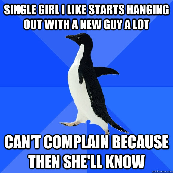 Single Girl I like starts hanging out with a new guy a lot can't complain because then she'll know  Socially Awkward Penguin
