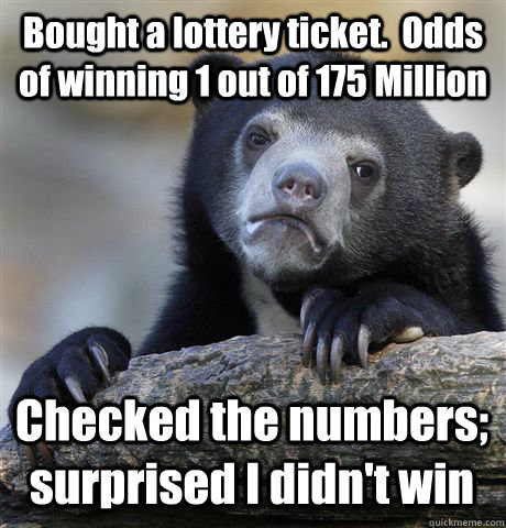 Bought a lottery ticket.  Odds of winning 1 out of 175 Million Checked the numbers; surprised I didn't win - Bought a lottery ticket.  Odds of winning 1 out of 175 Million Checked the numbers; surprised I didn't win  Confession Bear