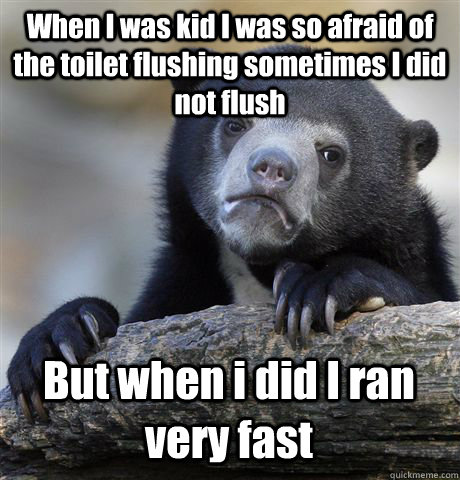 When I was kid I was so afraid of the toilet flushing sometimes I did not flush But when i did I ran very fast  Confession Bear