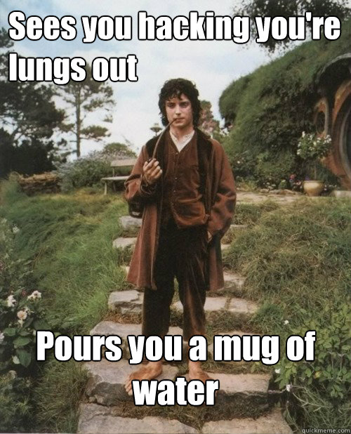 Sees you hacking you're lungs out Pours you a mug of water - Sees you hacking you're lungs out Pours you a mug of water  Good Guy Frodo