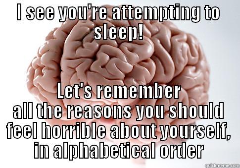 I SEE YOU'RE ATTEMPTING TO SLEEP! LET'S REMEMBER ALL THE REASONS YOU SHOULD FEEL HORRIBLE ABOUT YOURSELF, IN ALPHABETICAL ORDER Scumbag Brain