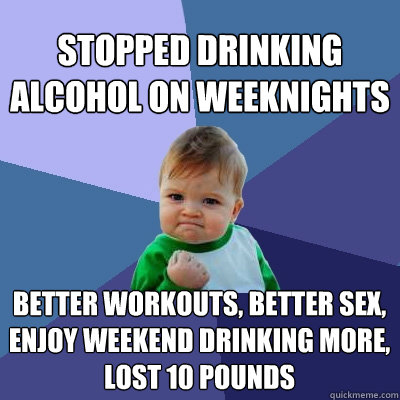 Stopped drinking alcohol on weeknights Better workouts, better sex, enjoy weekend drinking more, lost 10 pounds   Success Kid