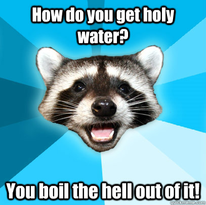 How do you get holy water? You boil the hell out of it!  Lame Pun Coon