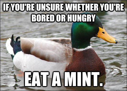 If you're unsure whether you're bored or hungry eat a mint. - If you're unsure whether you're bored or hungry eat a mint.  Actual Advice Mallard