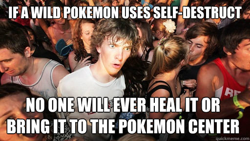if a wild pokemon uses self-destruct no one will ever heal it or bring it to the pokemon center  Sudden Clarity Clarence