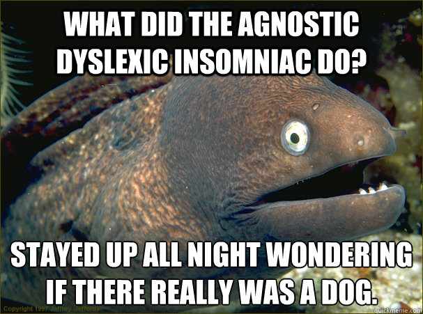 What did the agnostic dyslexic insomniac do? Stayed up all night wondering if there really was a dog.  Bad Joke Eel