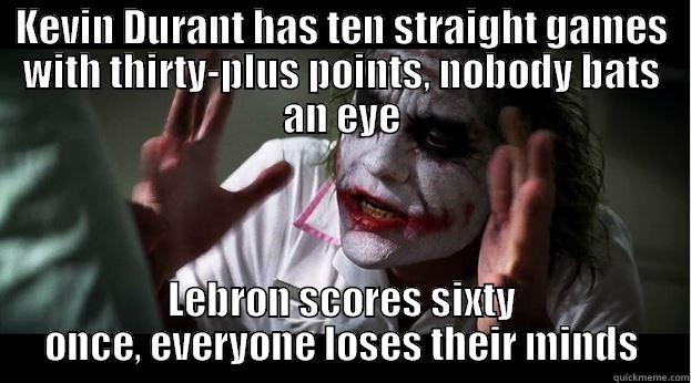LeBron is a fag - KEVIN DURANT HAS TEN STRAIGHT GAMES WITH THIRTY-PLUS POINTS, NOBODY BATS AN EYE LEBRON SCORES SIXTY ONCE, EVERYONE LOSES THEIR MINDS Joker Mind Loss