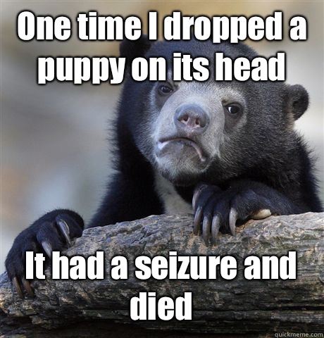 One time I dropped a puppy on its head  It had a seizure and died  Confession Bear