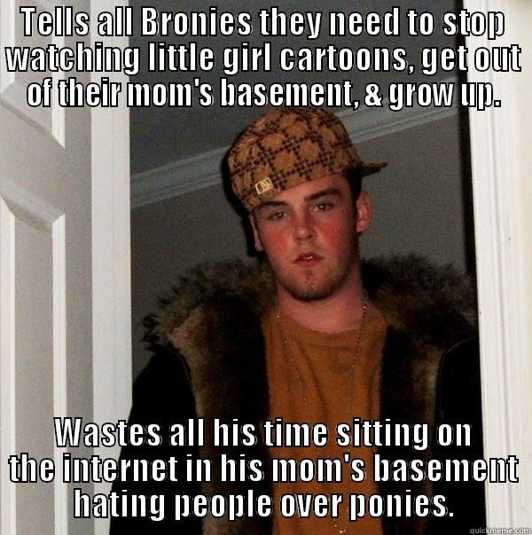 TELLS ALL BRONIES THEY NEED TO STOP WATCHING LITTLE GIRL CARTOONS, GET OUT OF THEIR MOM'S BASEMENT, & GROW UP. WASTES ALL HIS TIME SITTING ON THE INTERNET IN HIS MOM'S BASEMENT HATING PEOPLE OVER PONIES. Scumbag Steve