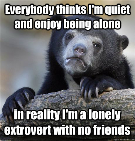 Everybody thinks I'm quiet and enjoy being alone in reality I'm a lonely extrovert with no friends - Everybody thinks I'm quiet and enjoy being alone in reality I'm a lonely extrovert with no friends  Confession Bear