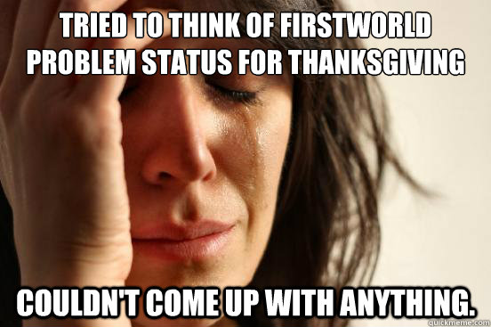 Tried to think of firstworld problem status for thanksgiving for three hours Couldn't come up with anything.  First World Problems