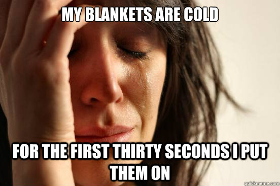 My blankets are cold For the first thirty seconds I put them on  First World Problems