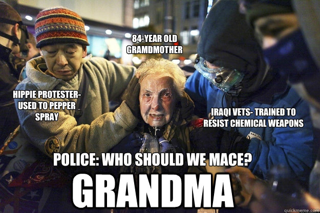 Hippie protester- used to pepper spray Iraqi Vets- trained to resist chemical weapons 84-year old Gramdmother Police: Who should we mace?
 grandma  