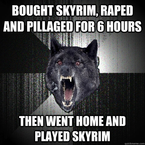 Bought skyrim, raped and pillaged for 6 hours then went home and played skyrim  Insanity Wolf