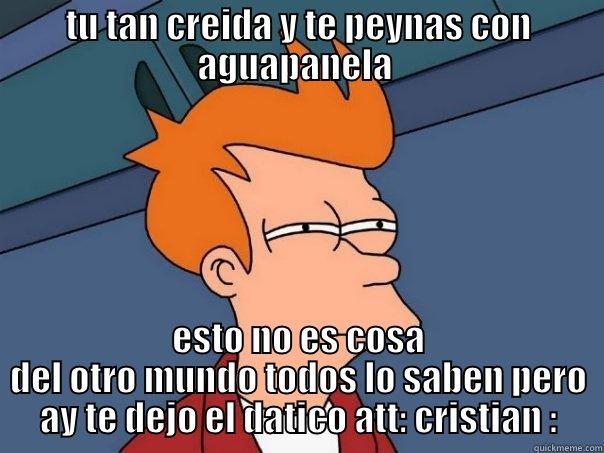 TU TAN CREIDA Y TE PEYNAS CON AGUAPANELA  ESTO NO ES COSA DEL OTRO MUNDO TODOS LO SABEN PERO AY TE DEJO EL DATICO ATT: CRISTIAN : Futurama Fry