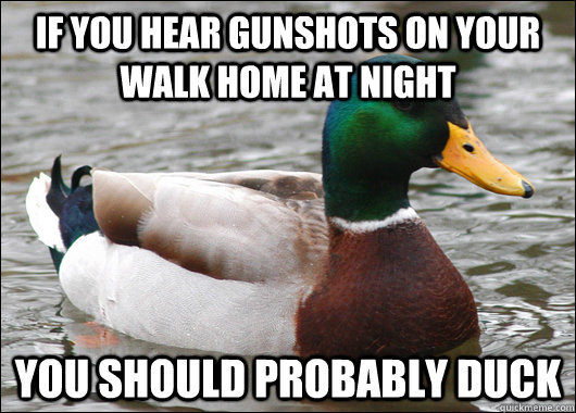 If you hear gunshots on your walk home at night you should probably duck - If you hear gunshots on your walk home at night you should probably duck  Actual Advice Mallard